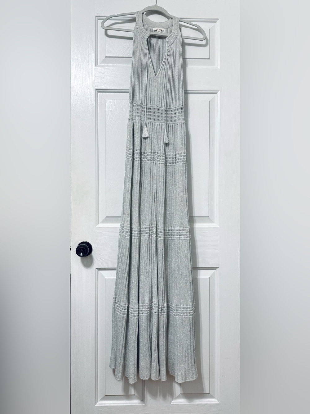 Ella Moss Maxi Halter Sweater Dress, light gray w silver thread Small